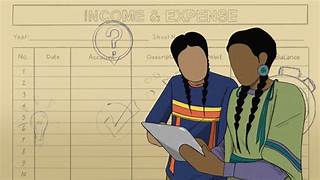 Two women in Native American attire examine a piece of paper together, engaged in conversation.