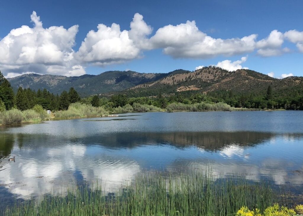 Mountains reflected in a lake in Siskiyou County
